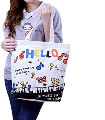 Lehope Women Girl's Music Symbol Cotton Canvas Tote Shopping Handbags with A Free Music Key Chain (H white)