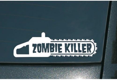 ZOMBIE KILLER Chainsaw 8" (color: WHITE) Vinyl Decal Window Sticker for Cars, Trucks, Windows, Walls, Laptops, and other stuff.