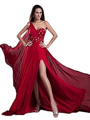 A-line Floor Length Draped Beaded Open-Back Slit Lace One Shoulder Chiffon Natural   Waistline Prom Dress 