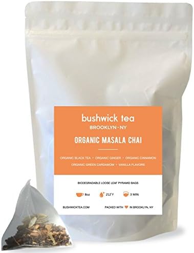 Bushwick Tea 100 Organic Traditional Masala Chai Loose Leaf Biodegrable Pyramid Tea Bag Sachets Special Promotion. Makes 100 Cups.