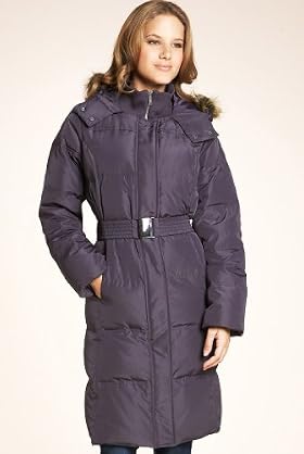 Funnel Neck Long Down Filled Hooded Parka with Belt