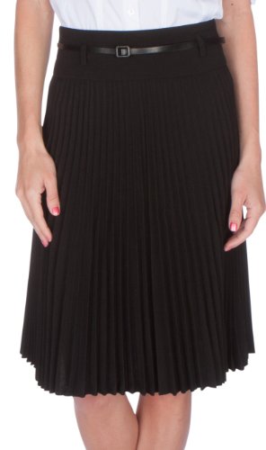 Knee Length Pleated A-Line Skirt with Skinny Belt