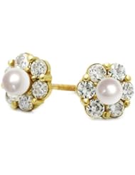 14K Gold Stud Screwback Earring 3mm Round Pearl Cluster Flower Yellow Gold Earring With Screw Back