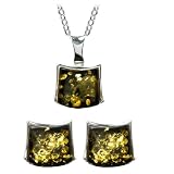 Baltic Green Amber and Sterling Silver Pendant and Designer Earrings Set, 18
