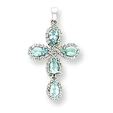 14k White Gold Dia & Aquamarine Cross Pendant