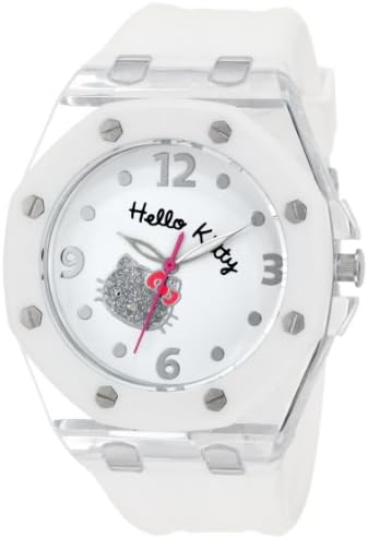 Hello Kitty Women's HWL1377WHT White Rubber Strap and Glitter Face Watch