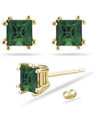 1.96 Cts of 5 mm AAA Princess Russian Lab Created Emerald Stud Earrings in 14K Yellow Gold