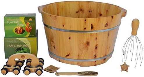 Shine New Arrivals Foot Soak Spa Bundle- 7 items: Cedar Wood Foot Soak Tub, Chinese Foot Soak Herbs, Mugwort Bath Herbs, Wooden 16 Wheel Contour Moon Car Body Massager, Head/Scalp Massager