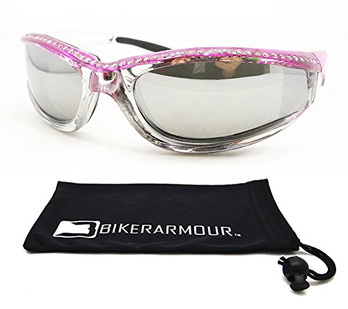 Chrome and Pink Frame Anti Glare Mirrored Motorcycle Sunglasses with Rhinestones Foam Padded for Women Chrome and Pink Frame Anti Glare Mirrored Motorcycle Sunglasses with Rhinestones Foam Padded for Women