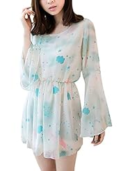 General Print Mermaid Round Neck Chiffon/Polyester Elasticized   Waistline Long Sleeves  Dress