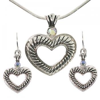 1.0cttw Crystal Sterling Silver Heart Necklace and French Wire Dangle Earrings Set