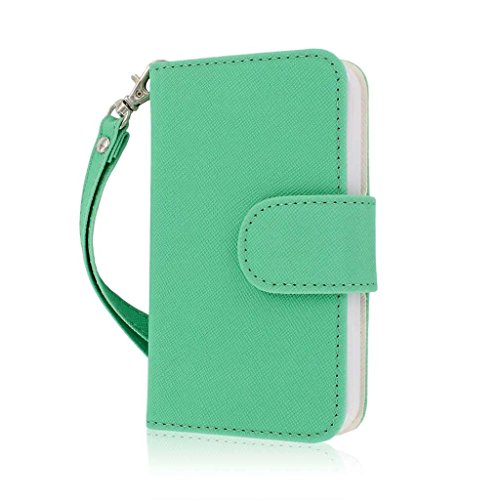 iPhone 5 / 5S Wallet Case, MPERO FLEX FLIP Series Premium PU Leather Wallet [3 Pockets] Inner Flexible TPU Slim Fit Case with Magnetic Flap & Hand Strap For iPhone 5 / 5S - Mint with White Interior