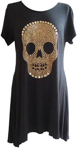 Size 18 Black Gold Stud Gothic Skull Long Short Sleeve Fishtail T Shirt Top