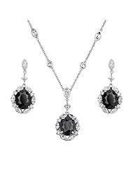 .925 Sterling Silver Rhodium Plated Contrast CZ Oval Cut Drop Earring and Pendant-Necklace Set with By-the-Yard 1.6mm Rolo Chain - 16"+1" Inches Extension