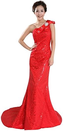 Vogue008 Womens One Shoulder Sequins Sweep Train Formal Dress with Rhinestones-18WB-Red