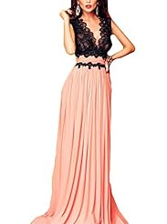 V-neck Chiffon/Polyester/Spandex Lace Stretchy Colorblocking Floral Print Floor Length Plunging Neck Evening Dress/Maxi Dress 
