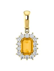 14K Yellow Gold 7.00x5.00mm Emerald Cut Citrine and Diamond Pendant -- LIFETIME WARRANTY