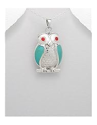 Owl Shell Reconstructed stones Pendant Necklace In 92.5 Sterling Silver