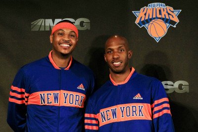 New York Knicks Introduce Carmelo Anthony, New York, NY - February 23: Carmelo Anthony and Chauncy Photographic Poster Print by Chris Trotman, 28x42