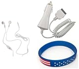 Apple iPod shuffle Accessory Bundle- Stereo Headset Hands-free + Auto Car Vehicle Charger + Free Stars Stripes Wristband