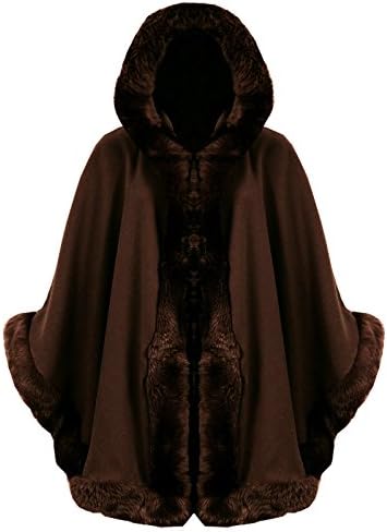 Ladies Plain Faux Fur Trim Hoody Cape Shawl Poncho Coat Top(one Size) (One Size, Brown)