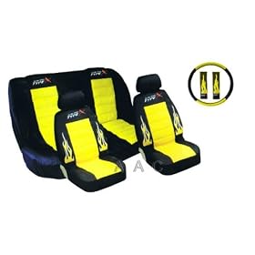 A Set of Low Back Type X Racing Style Front Bucket Seat Covers, Bench Seat Cover, Steering Wheel Cover and Shoulder Strap Cover - Yellow