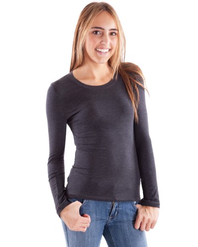Woman Charcoal Plain Long Sleeve T-Shirt Crew Neck