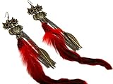 Gorgeous XX-Long & Large Owl with Red Feathers Dangle Earrings with Crystal Accents Antique Gold Tone Dangles 9
