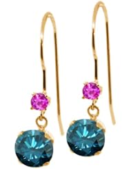 1.26 Ct Round Blue Diamond Pink Sapphire 14K Yellow Gold Earrings