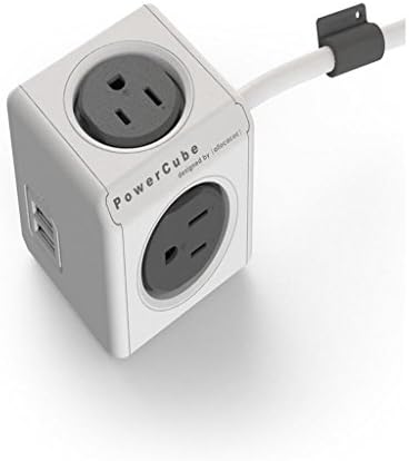 PowerCube Extended 4 Outlet Power Adapter with USB Port, 10 Foot Cord - Trolley Grey