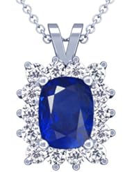 14K White Gold Cushion Cut Blue Sapphire And Round Diamond Pendant