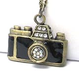 Large and Funky Vintage Gold/Black Camera Charm Necklace on Long Antiqued Chain