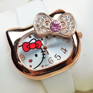 Hot Lovely Hello Kitty Cartoon Ladies Women's Leather Belt Diamond Wrist Watch for Girlfriends Lady (White)