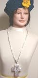 Hand Crocheted Denim Color Rayon Cotton Gimp Donna Klein Beret Trimmed with Crocheted Bright Yellow Gimp Rosette for Women and Teens Offered in Combination with Sterling Silver Long Chain Necklace with Cross Pendant