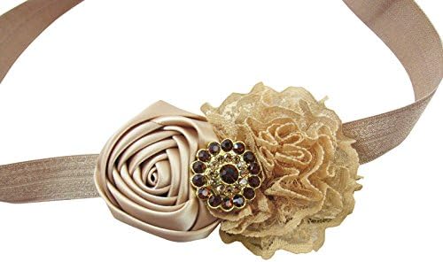 The Fairy Factory Handmade Satin and Lace Flower Headband with Pearl and Crystal Rhinestone Center - Champagne Gold