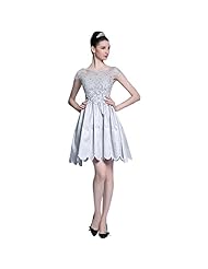 A-line Short Satin Cap Sleeves Open-Back  Vintage Applique Prom Dress/Party Dress  With Ruffles