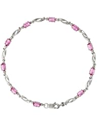 10k White Gold Swirl Tennis Bracelet w/ 0.05 Carat Brilliant Cut Diamonds & 2.50 Carats Oval Cut Pink Topaz Stones, 1/8 in. (3mm) wide