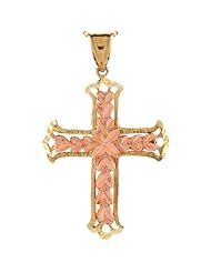 14k Yellow & Rose Gold Cross Diamond Cut Hearts Religious Pendant