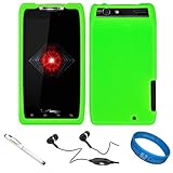 IMAGE OF Green Rubberized Soft Silicone Protective Skin Cover for Verizon Wireless Motorola Droid RAZR (XT912) Android Smartphone + Executive White Stylus Pen with Laser Pointer and LED Light + Black Handsfree Headphones with Mic + INCLUDES!!! SumacLife TM Wisdom Courage Wristband