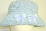 Hand Crocheted Blue Rayon Cotton Gimp Floppy Hat with Two Blue and White Butterflies for Girls and Teens