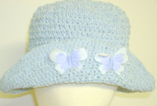 Hand Crocheted Blue Rayon Cotton Gimp Floppy Hat with Two Blue and White Butterflies for Girls and Teens