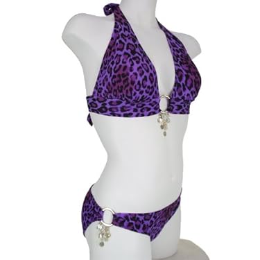 Purple Leopard Halter Top And Full Panty Low Rise Bottom Bikini Set Medium