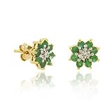Vermeil (24k Gold over Sterling Silver) Genuine Emerald and Diamond Accent Stone Prong Flower Stud Earrings
