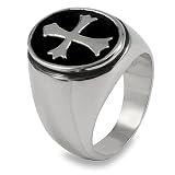 Stainless Steel Polished Oval Cross Men's Ring with Black Finish