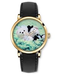 SPRAWL Aanalog Fashion Series Gold Ladies Watches of Genuine Black Leather Strap,Unique Wrist Watch for Women Girls Designed with Cute bears on the grass