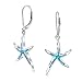 Nautical Aquatic Tropical Beach Vacation Iridescent Blue Created Opal Inlay Starfish Dangle Drop Lever back Earrings For Women .925 Sterling Silver