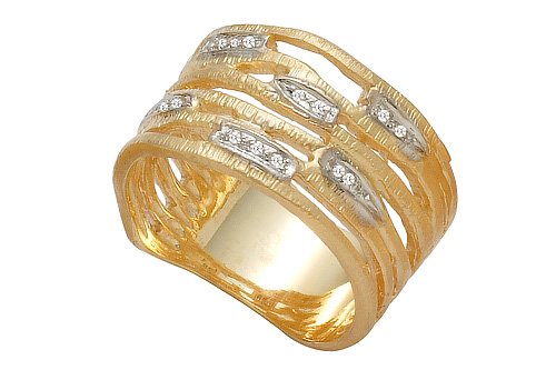 14K Yellow Gold Hand-Crafted Matte-Finish Designer Ring, Enhanced with White Gold Pave Set Diamonds.