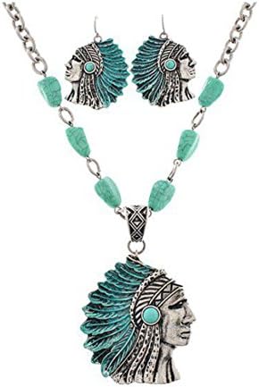 6 cttw Turquoise, Faux Ivory Pearl, Copper Silvertone Bead Native American Tribal Indian Head Jewelry Set