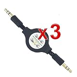 3 pcs of Retractable 3.5mm Aux Auxiliary Cord for iPod, Mp3 Players, Cell Phones, Tablet's, PDA's or any device with a standard 3.5 mm headphone jack Black