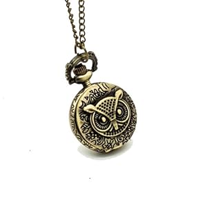 Rosallini Ladies Bronze Tone Owl Hunter Case Floral Necklace Pocket Watch